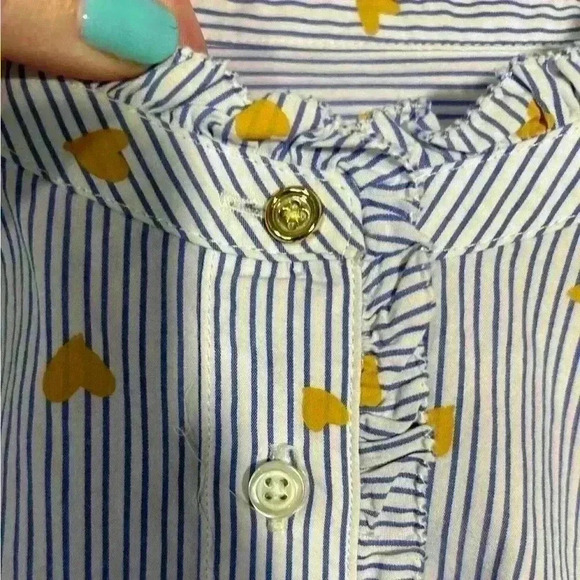 Talbots Button Up, Ruffle detail, Blue/White Stripe with Gold Hearts. Size Large - Picture 4 of 13